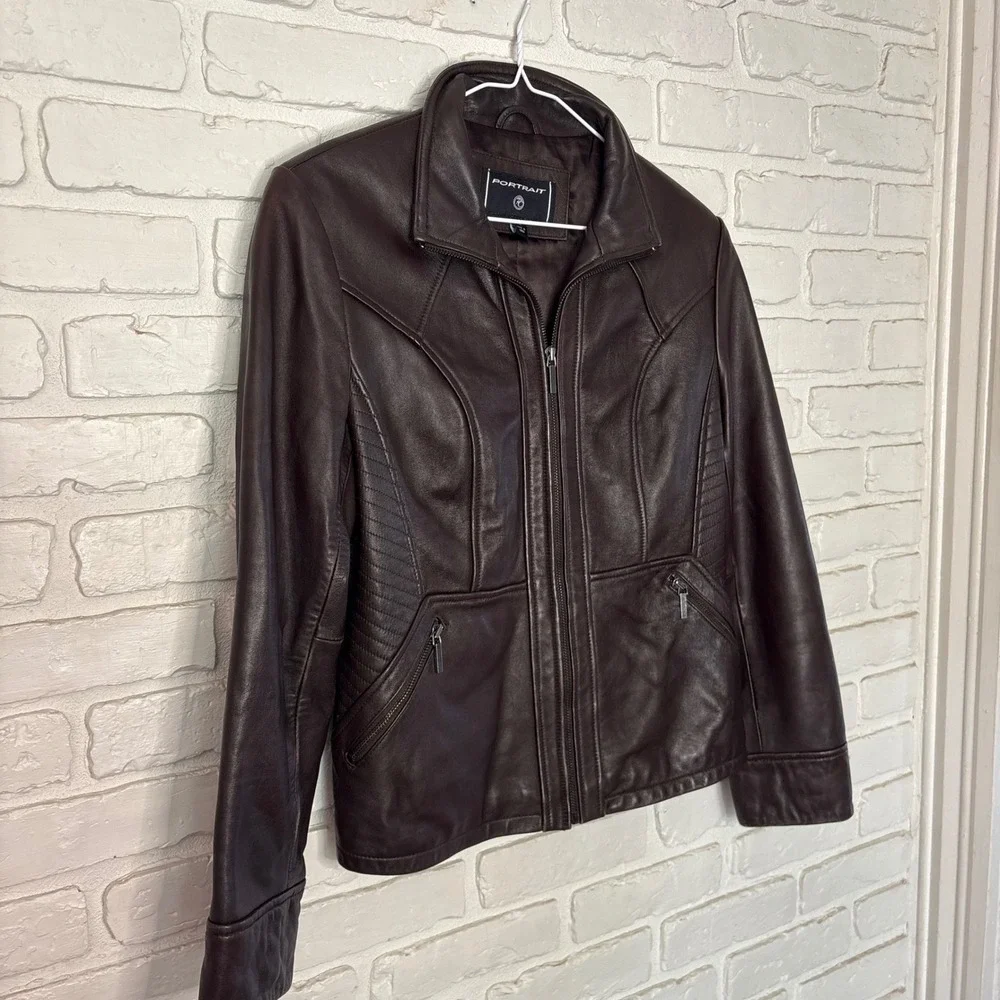 Portrait Vintage Chocolate Brown Leather Jacket Women's Size Medium Petite